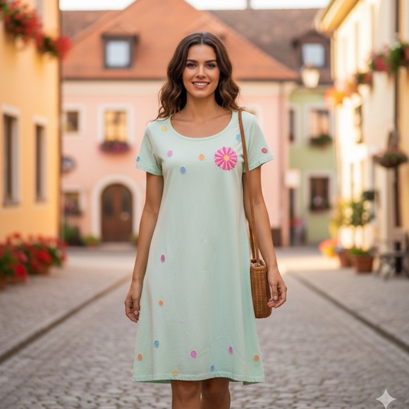 Vintage 90s Michael Simon Lite Medium Beaded T-Shirt Dress Turquoise Floral Midi - Picture 2 of 12